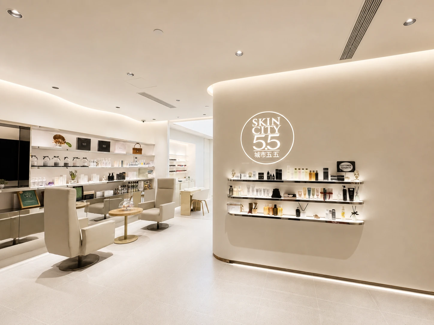 Bright reception and product area inside SkinCity 5.5 Pudong Biyun Center