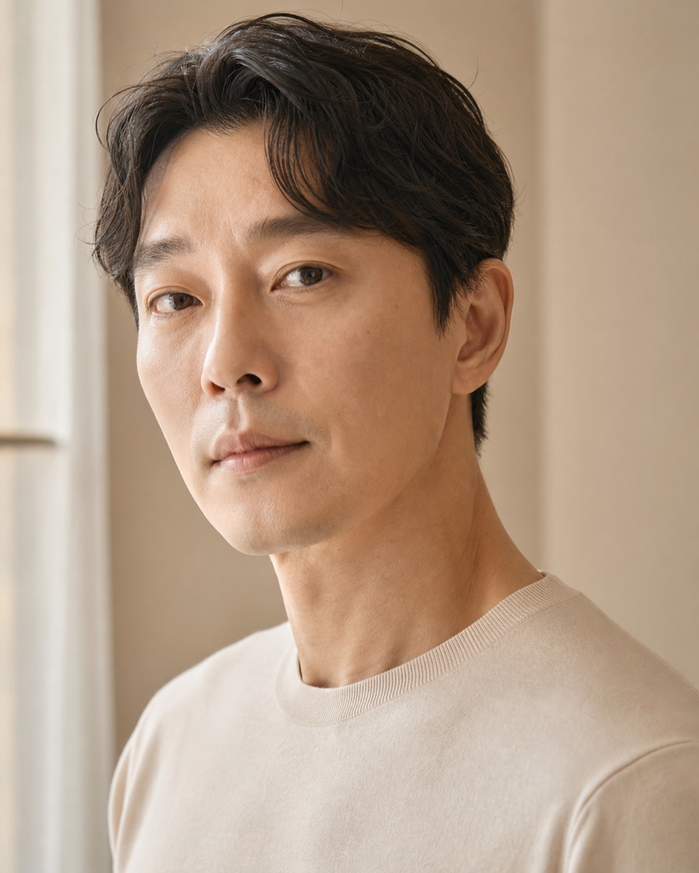 East Asian man with natural skin texture