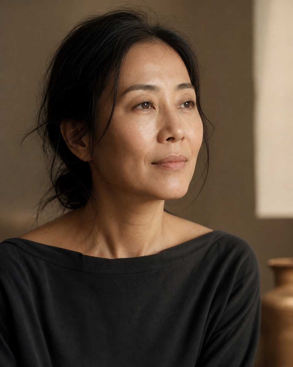 East Asian woman with natural skin texture