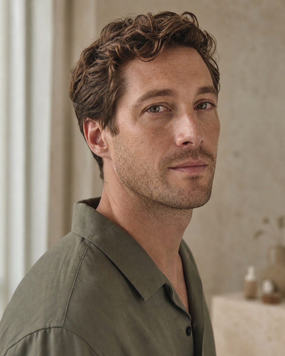 Western man with natural skin texture and freckles
