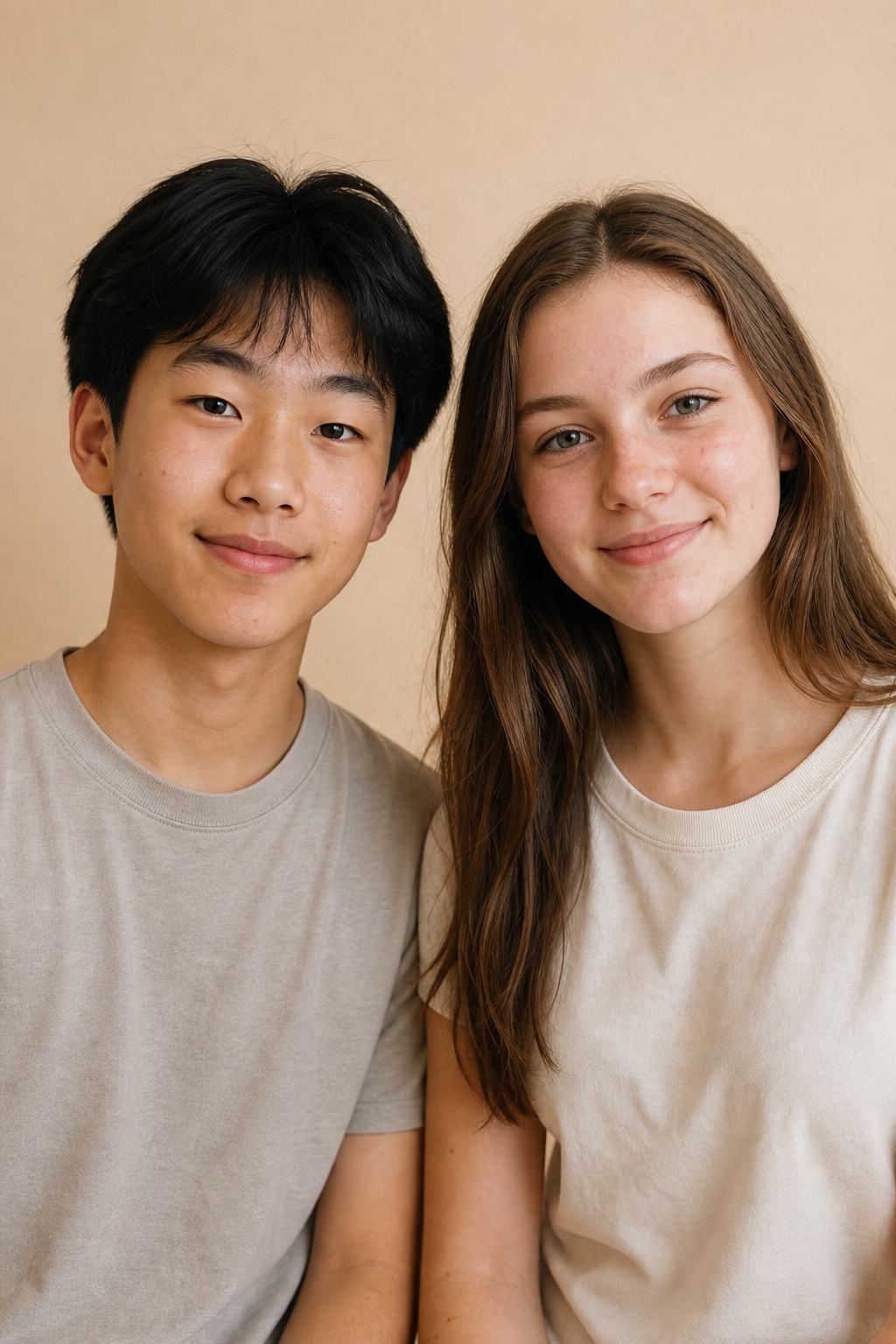 East Asian and Western teenagers aged 14 to 16 with natural skin texture and mild blemishes